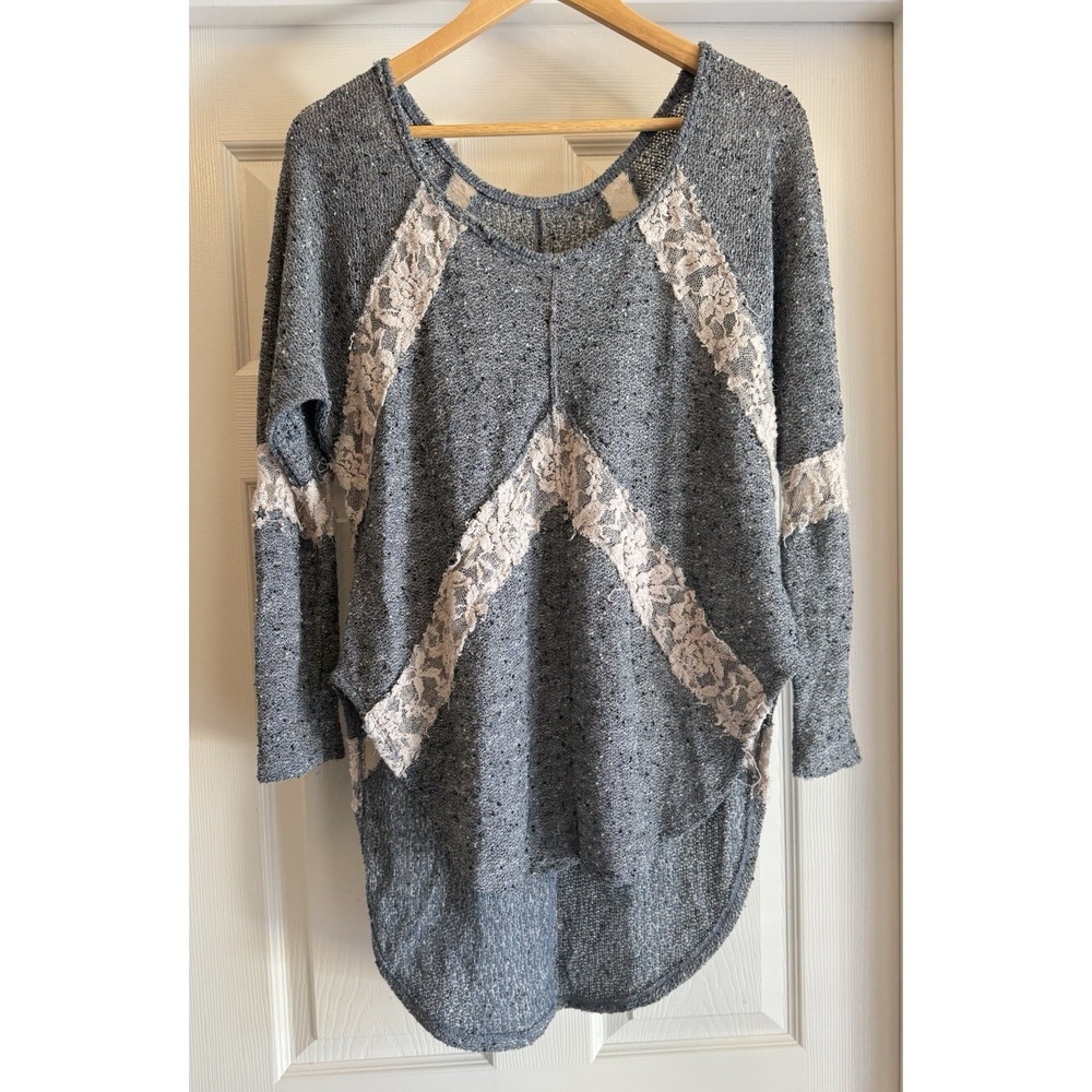 Free People Lace Inset Tunic Top Womens Small Grey Marl High Low Boho Scoop Neck